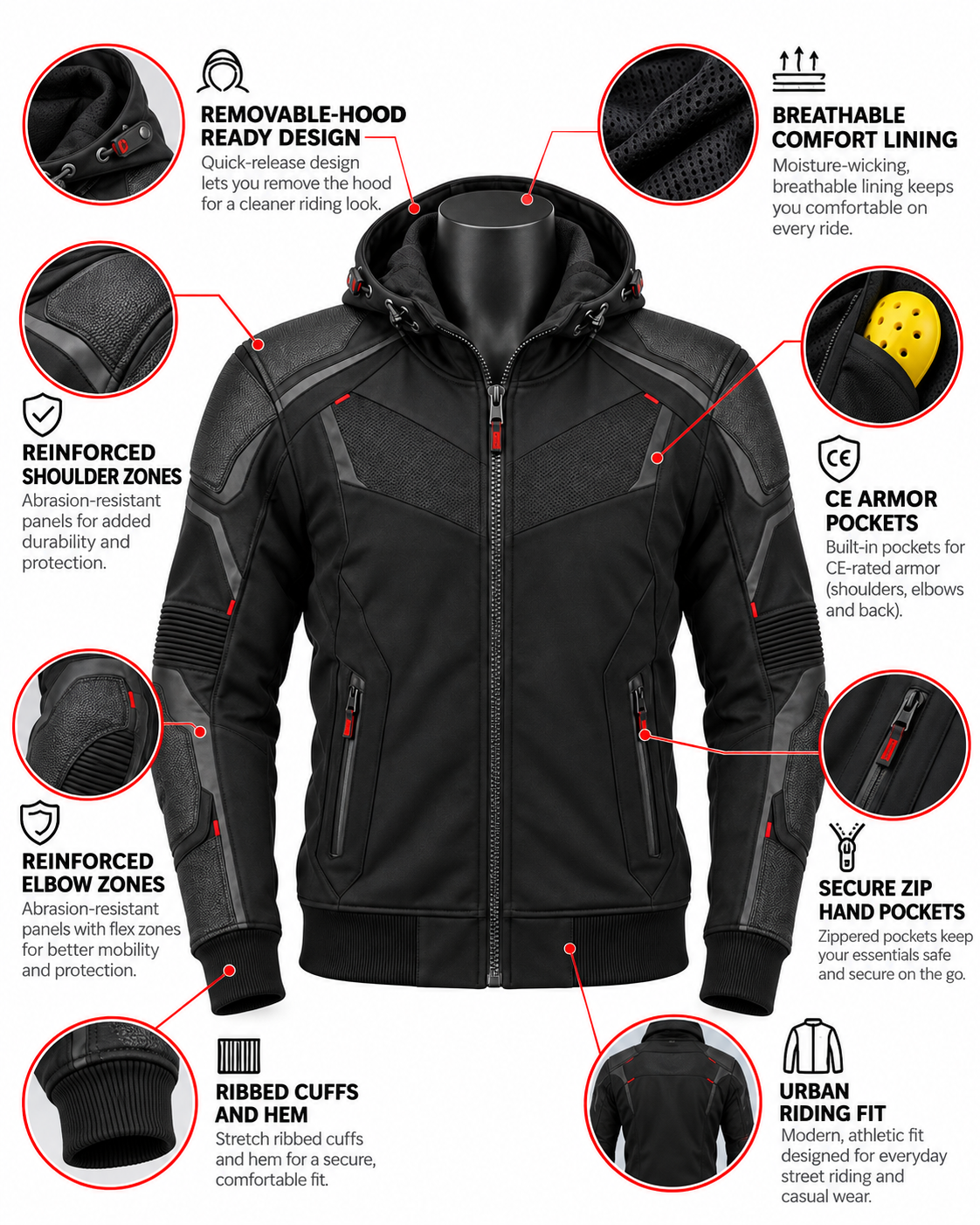 Zip-Up Armored Motorcycle Hoodie — alternate product image