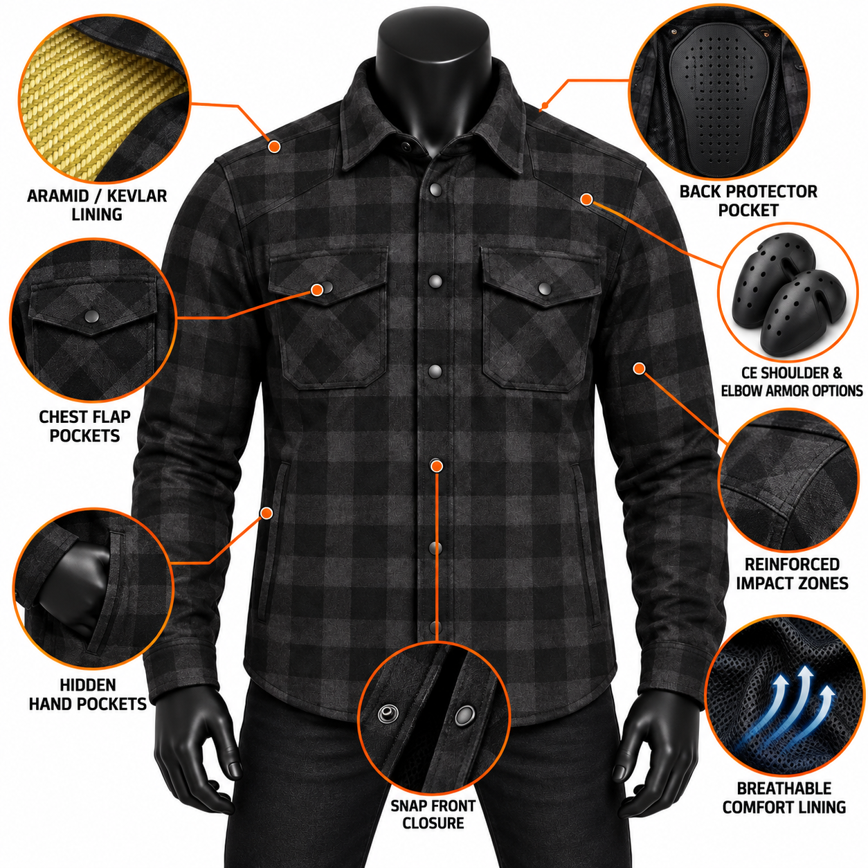 Black Armored Flannel Riding Shirt — alternate product image