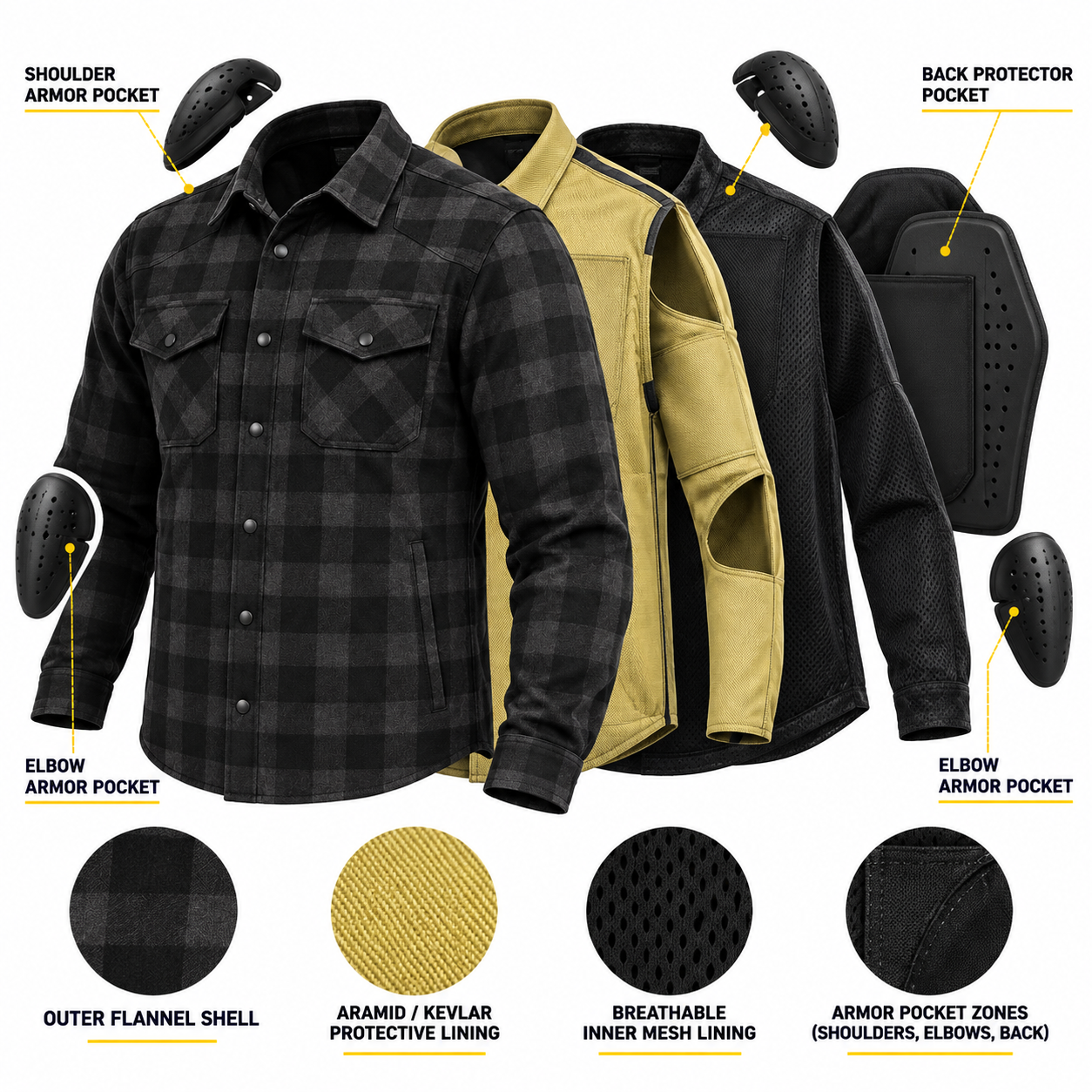 Black Armored Flannel Riding Shirt — alternate product image